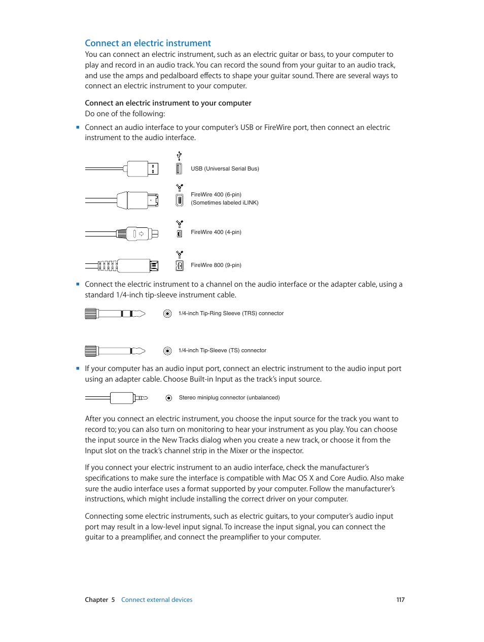 Connect an electric instrument | Apple Logic Pro X User Manual | Page 117 / 919