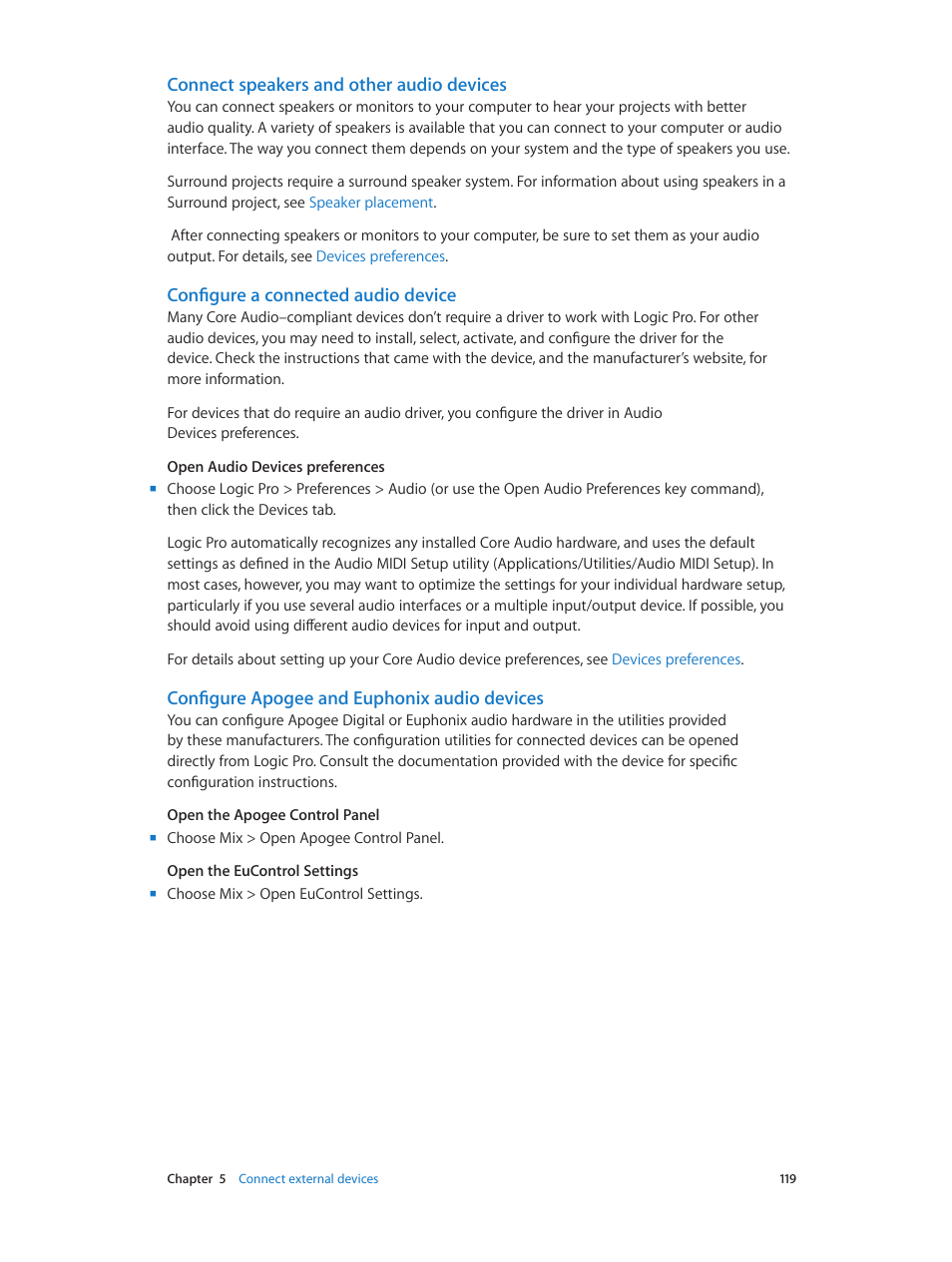 Connect speakers and other audio devices, Configure a connected audio device, Configure apogee and euphonix audio devices | Apple Logic Pro X User Manual | Page 119 / 919