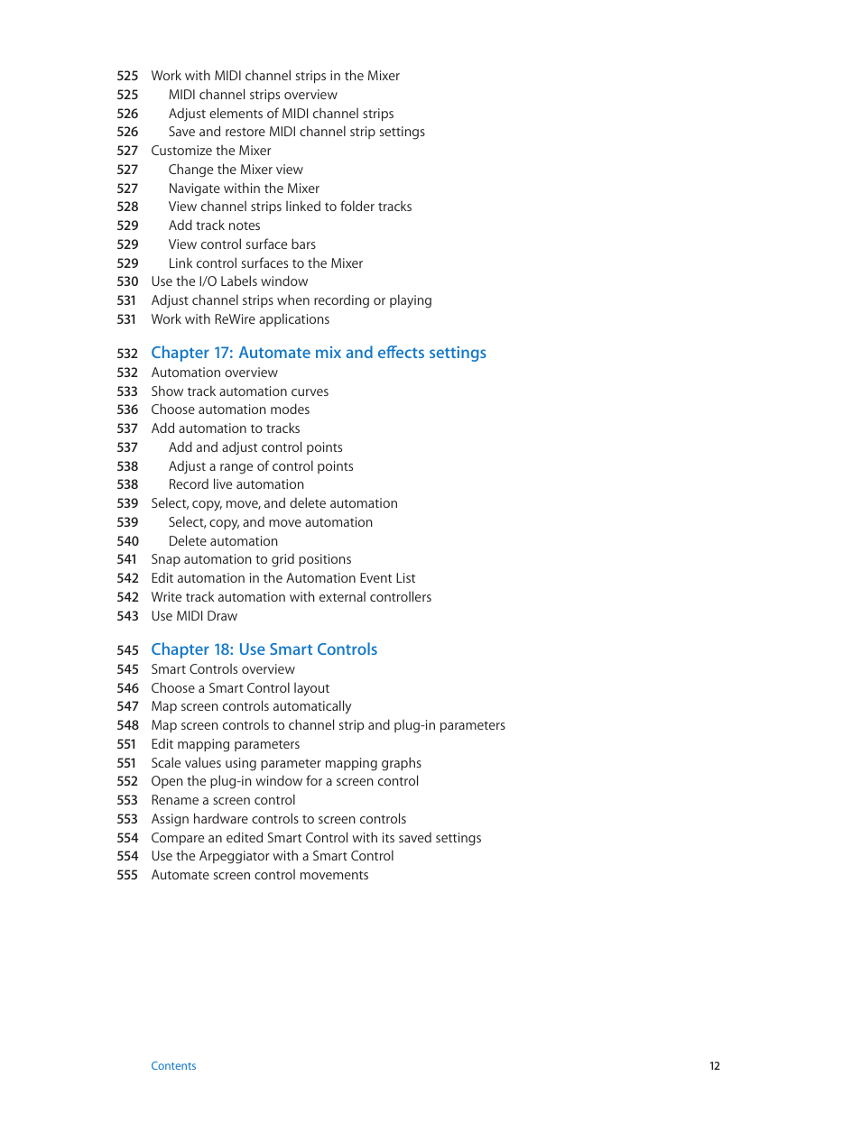 Chapter 17: automate mix and effects settings, Chapter 18: use smart controls | Apple Logic Pro X User Manual | Page 12 / 919