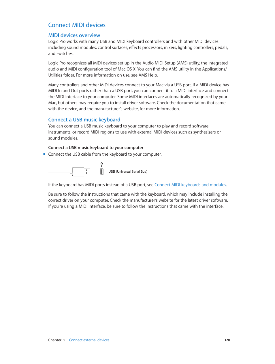 Connect midi devices, Midi devices overview, Connect a usb music keyboard | 120 connect midi devices 120, Midi, Devices overview | Apple Logic Pro X User Manual | Page 120 / 919