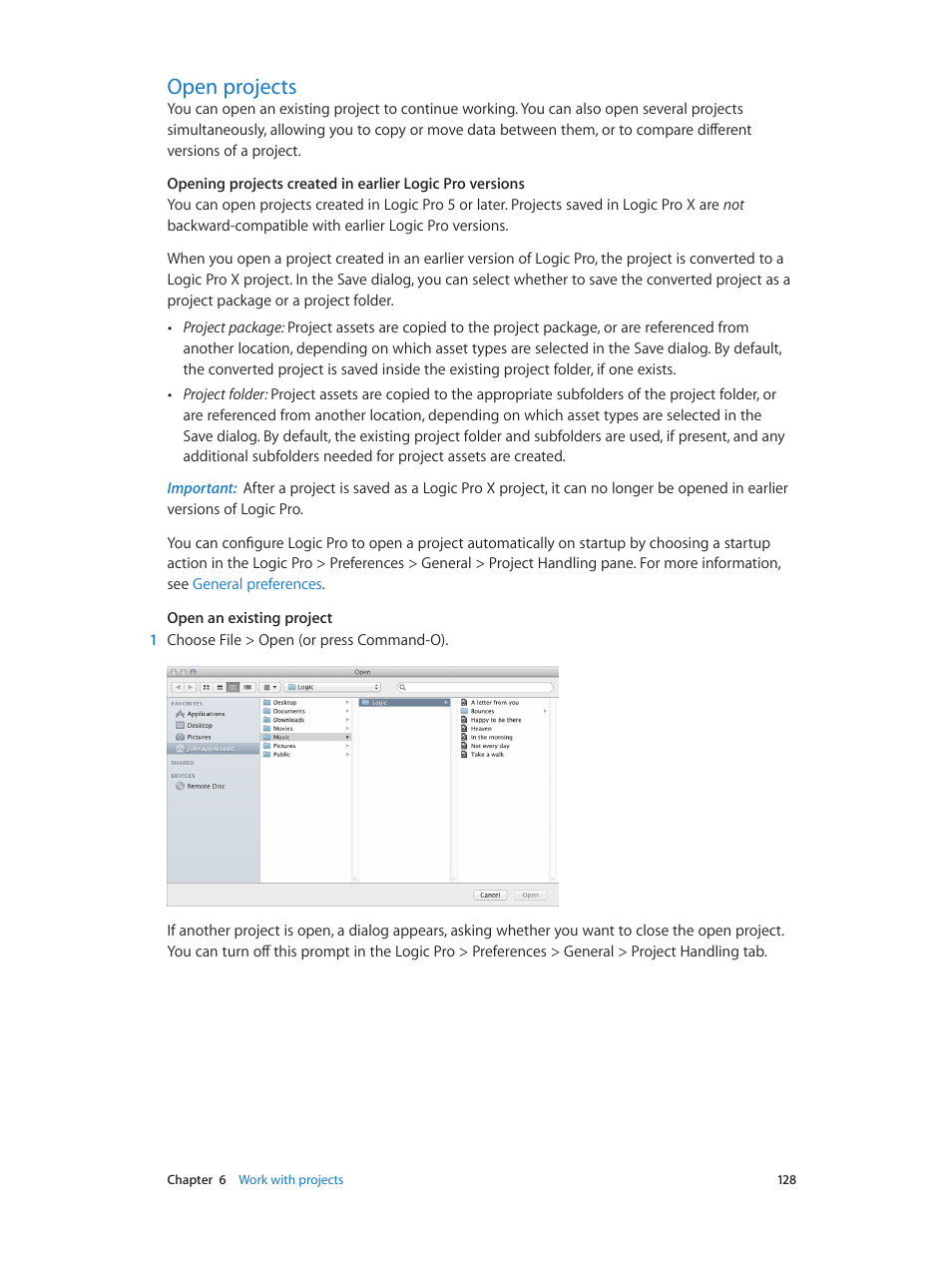 Open projects, 128 open projects | Apple Logic Pro X User Manual | Page 128 / 919