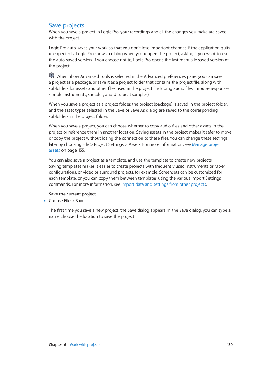 Save projects, 130 save projects | Apple Logic Pro X User Manual | Page 130 / 919