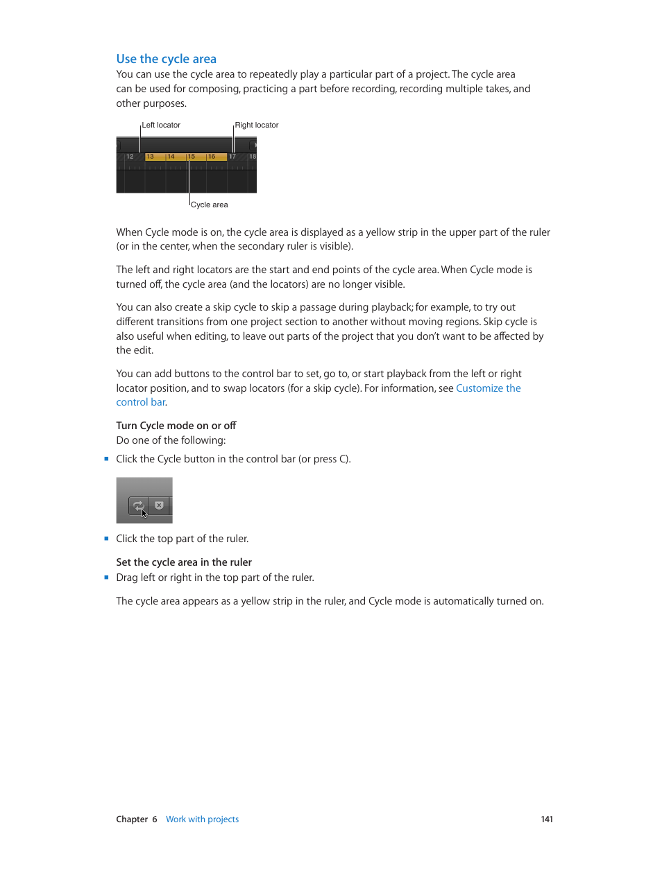 Use the cycle area | Apple Logic Pro X User Manual | Page 141 / 919