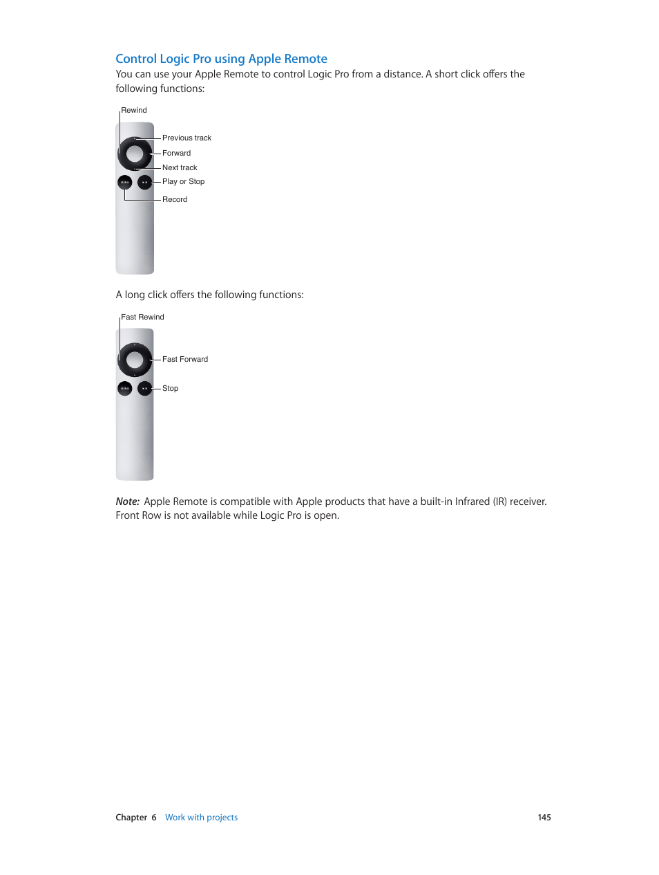 Control logic pro using apple remote | Apple Logic Pro X User Manual | Page 145 / 919