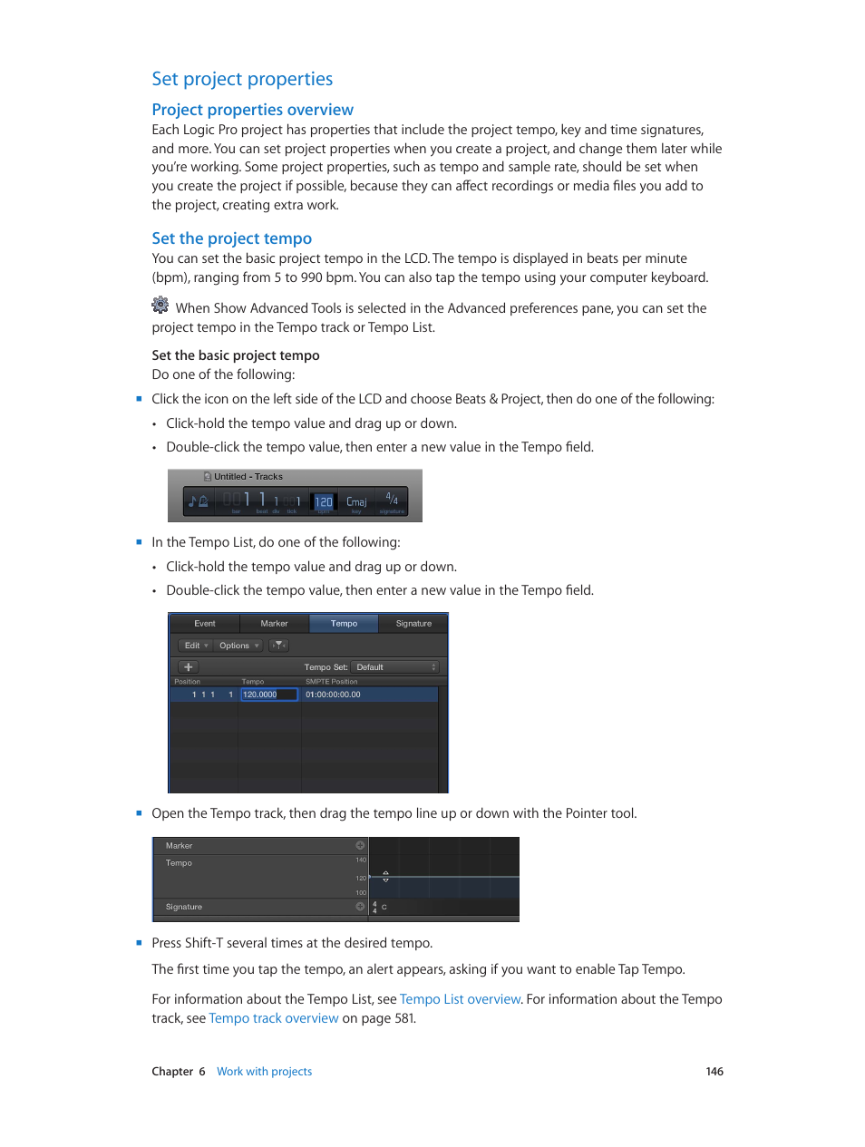 Set project properties, Project properties overview, Set the project tempo | 146 set project properties 146, Project, Properties overview | Apple Logic Pro X User Manual | Page 146 / 919