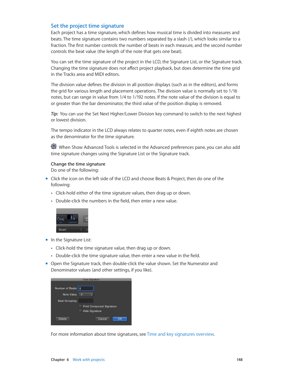 Set the project time signature | Apple Logic Pro X User Manual | Page 148 / 919