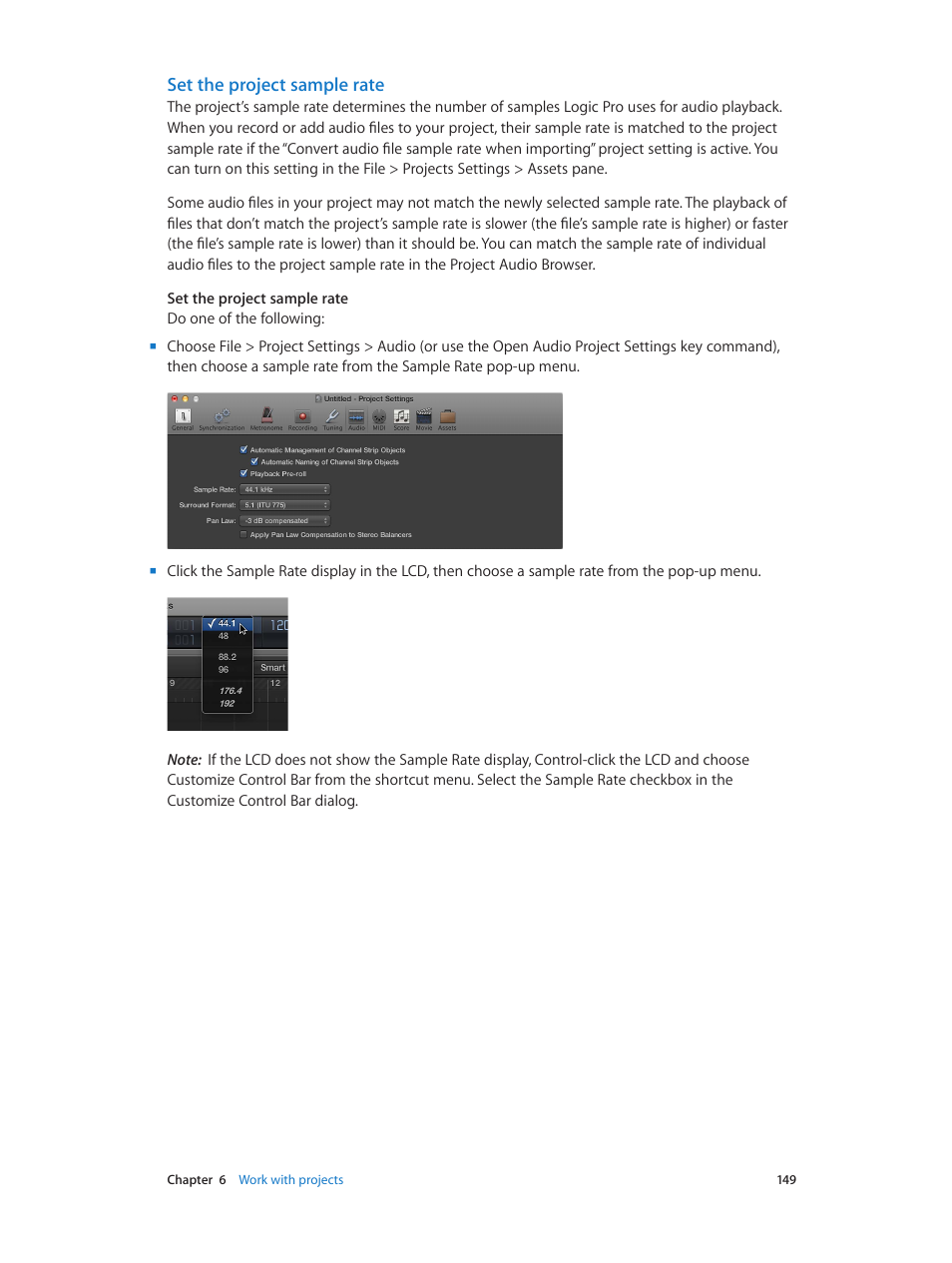 Set the project sample rate | Apple Logic Pro X User Manual | Page 149 / 919