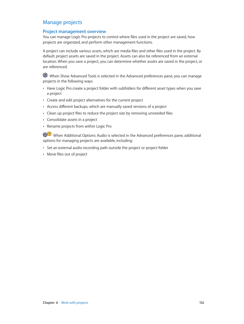 Manage projects, Project management overview, 152 manage projects 152 | Apple Logic Pro X User Manual | Page 152 / 919