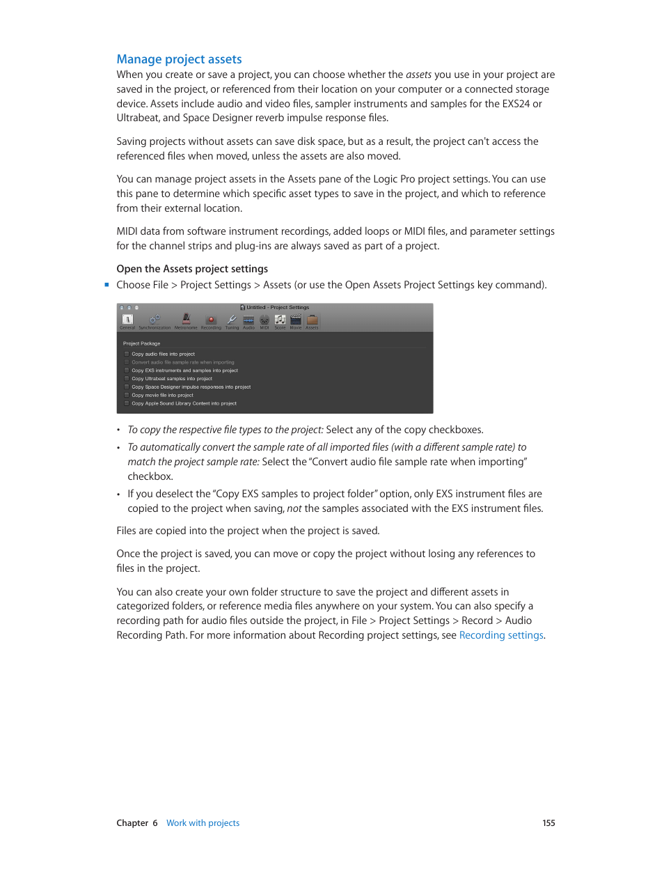 Manage project assets, Manage project, Assets | Apple Logic Pro X User Manual | Page 155 / 919