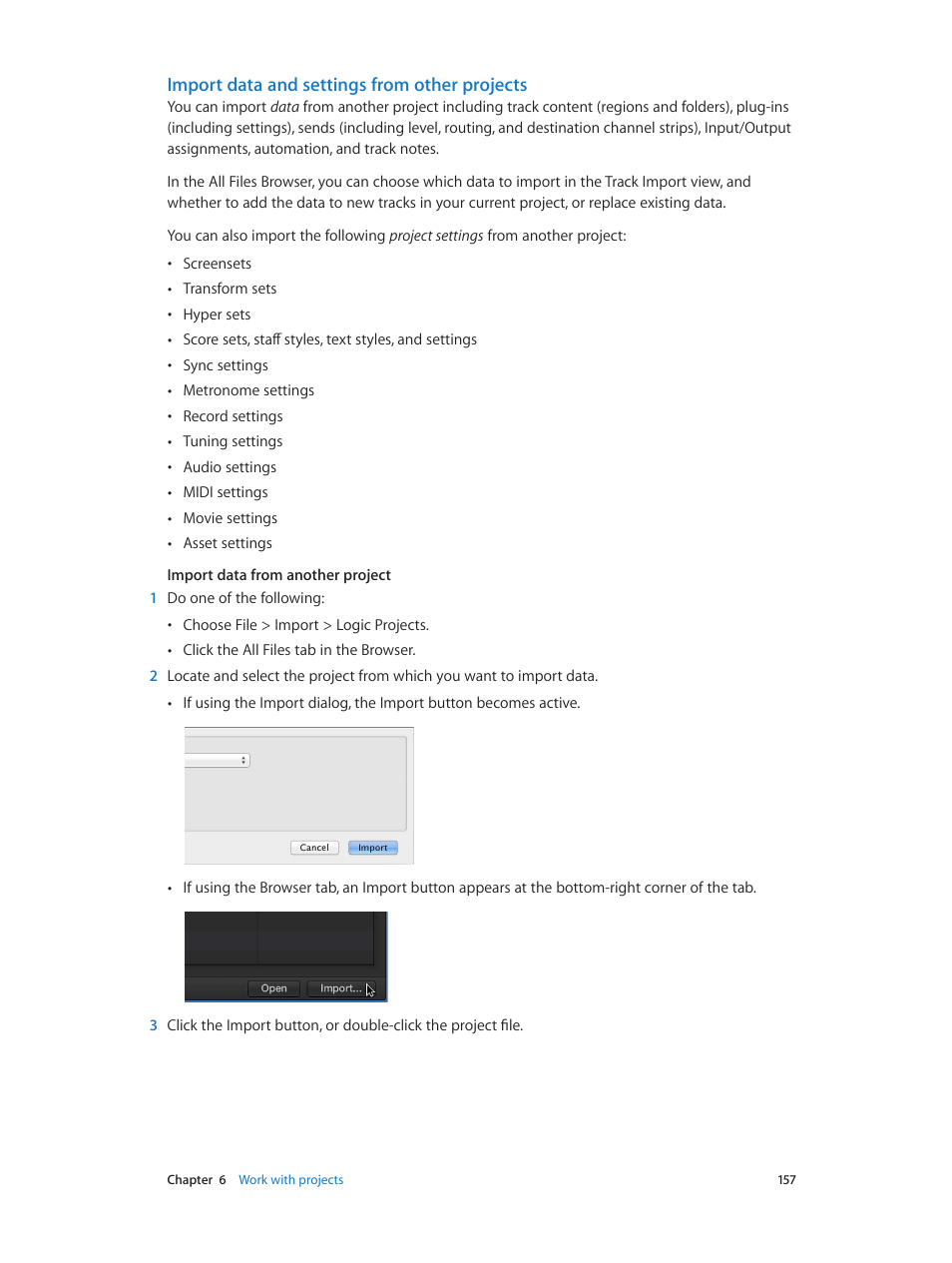 Import data and settings from other projects | Apple Logic Pro X User Manual | Page 157 / 919