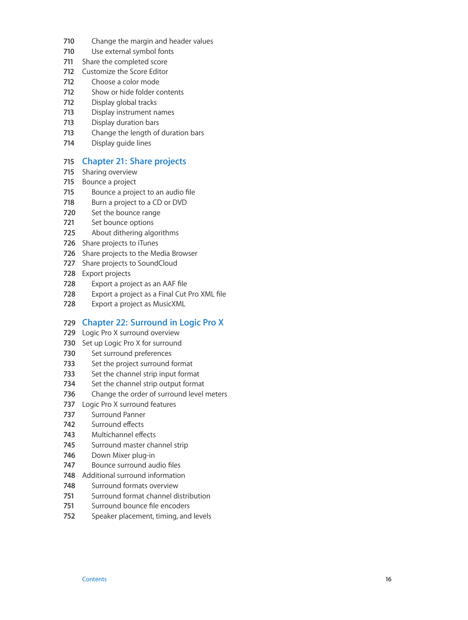 Chapter 21: share projects, Chapter 22: surround in logic pro x | Apple Logic Pro X User Manual | Page 16 / 919