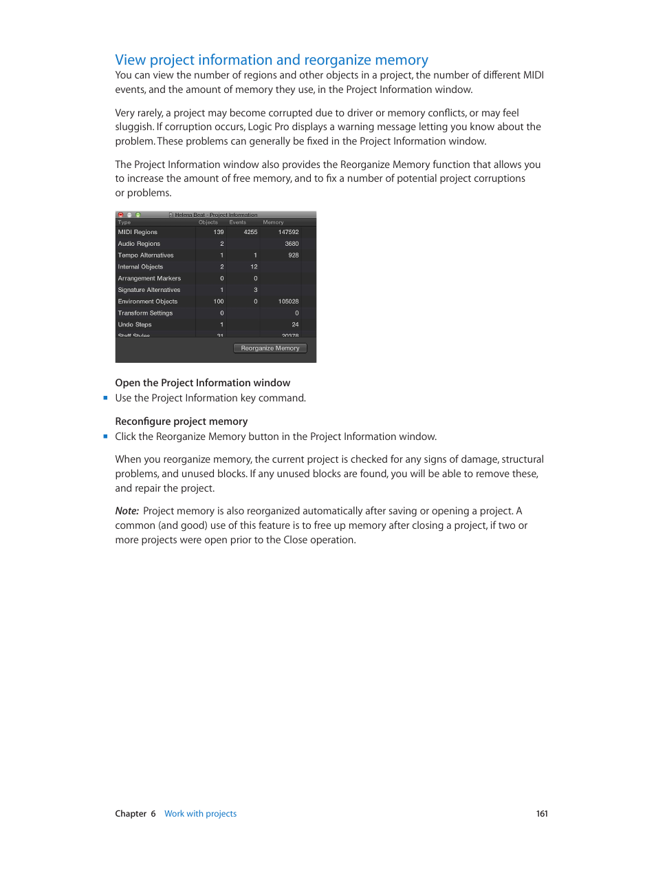 View project information and reorganize memory, 161 view project information and reorganize memory | Apple Logic Pro X User Manual | Page 161 / 919