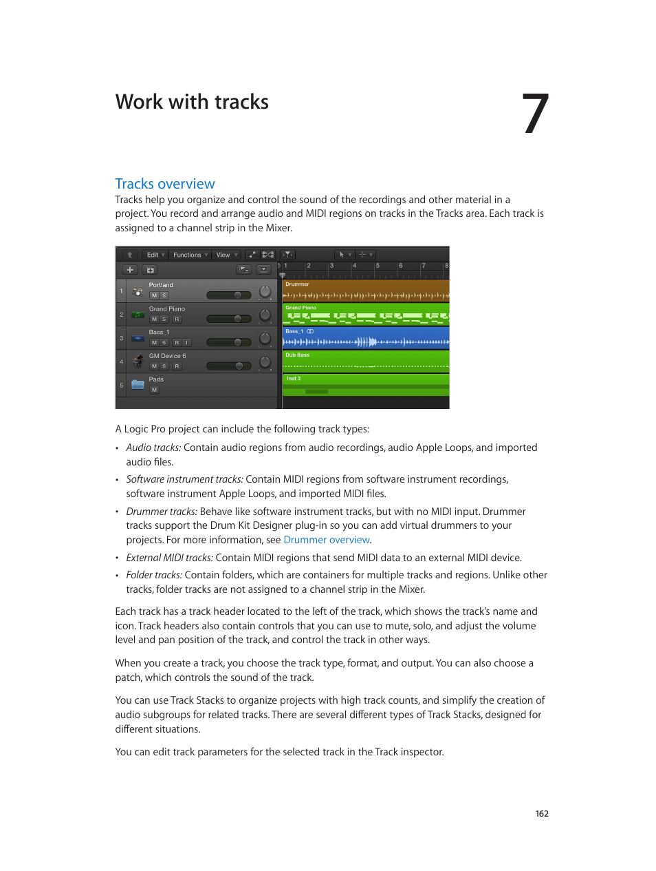 Chapter 7: work with tracks, Tracks overview, 162 tracks overview | Work with tracks | Apple Logic Pro X User Manual | Page 162 / 919