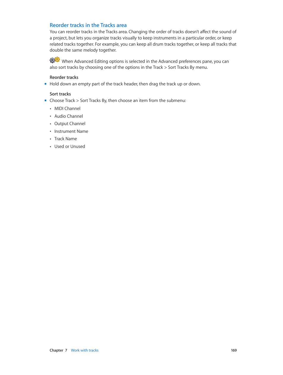 Reorder tracks in the tracks area | Apple Logic Pro X User Manual | Page 169 / 919