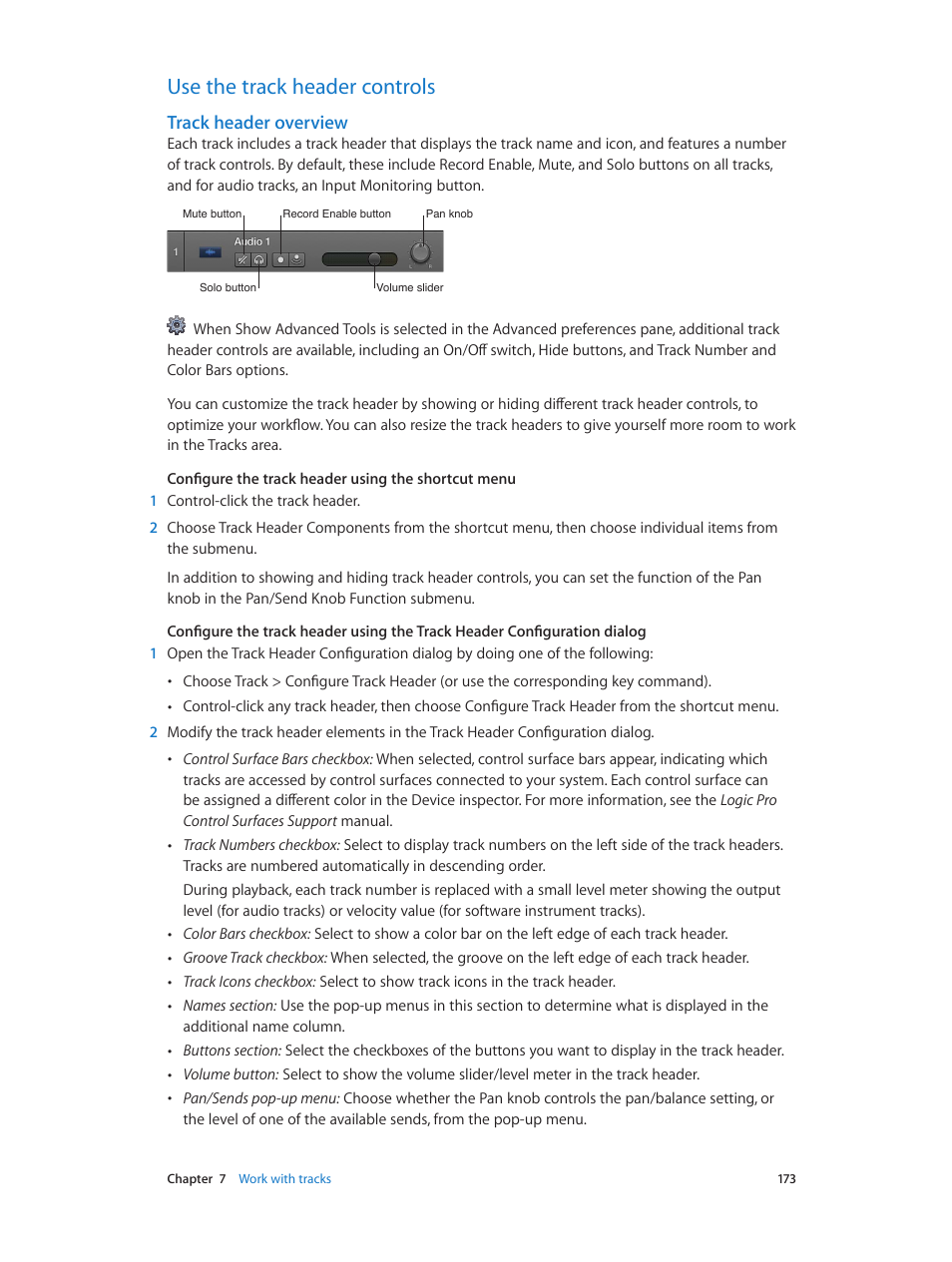 Use the track header controls, Track header overview, 173 use the track header controls 173 | Apple Logic Pro X User Manual | Page 173 / 919