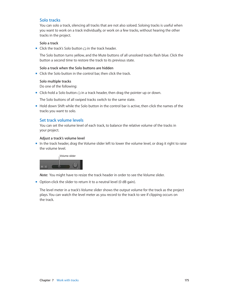 Solo tracks, Set track volume levels | Apple Logic Pro X User Manual | Page 175 / 919