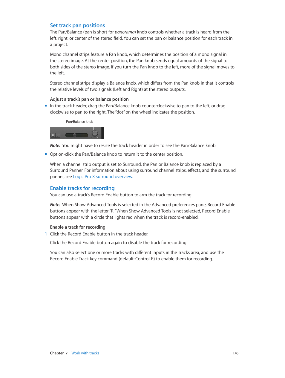 Set track pan positions, Enable tracks for recording | Apple Logic Pro X User Manual | Page 176 / 919