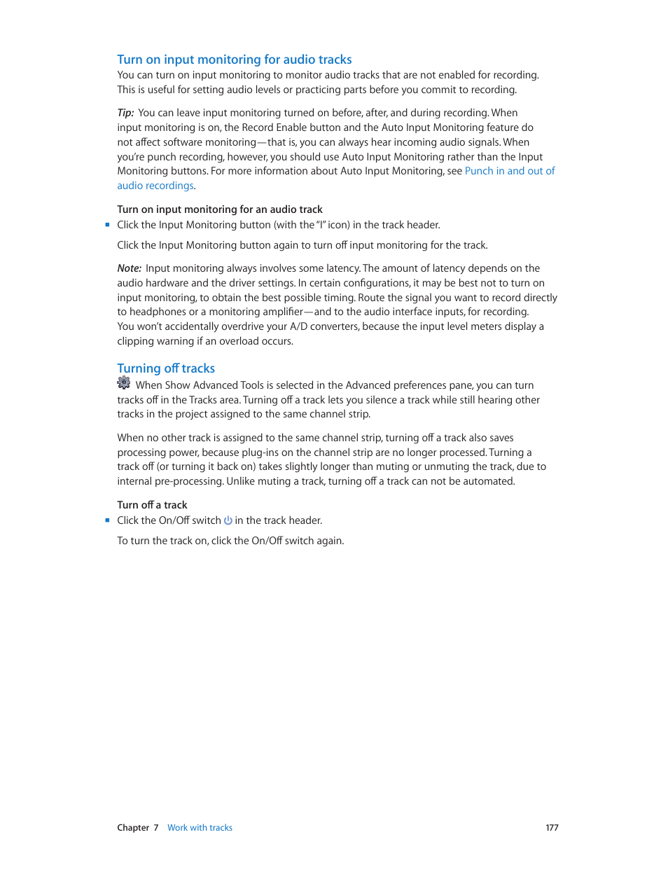 Turn on input monitoring for audio tracks, Turning off tracks | Apple Logic Pro X User Manual | Page 177 / 919