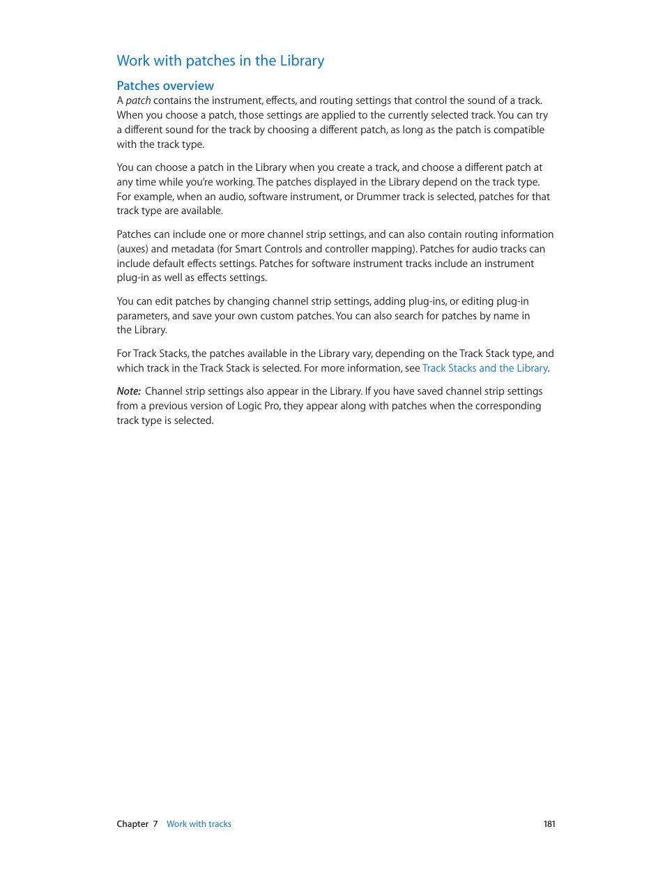 Work with patches in the library, Patches overview, 181 work with patches in the library 181 | Apple Logic Pro X User Manual | Page 181 / 919