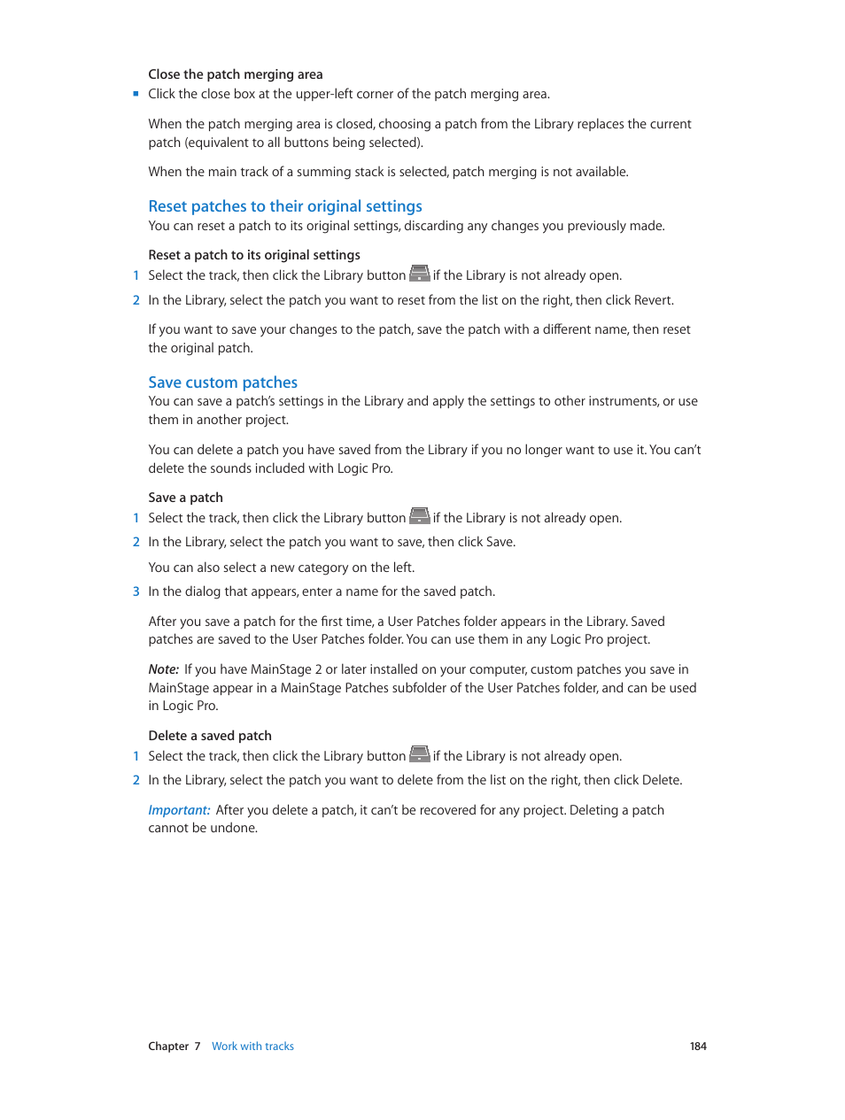 Reset patches to their original settings, Save custom patches | Apple Logic Pro X User Manual | Page 184 / 919