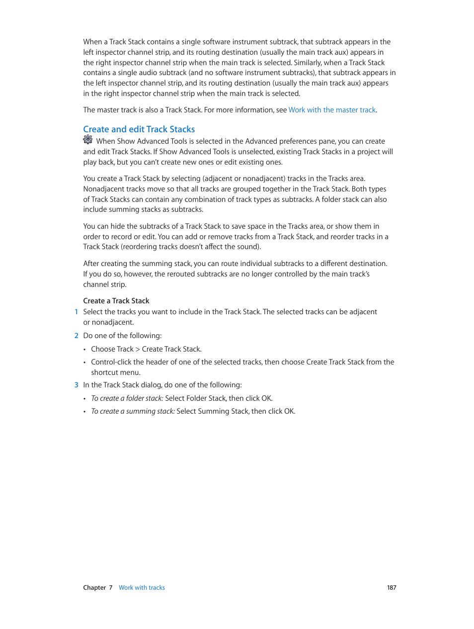 Create and edit track stacks | Apple Logic Pro X User Manual | Page 187 / 919