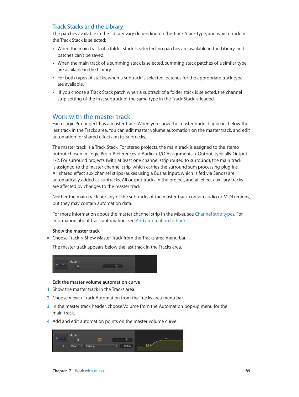 Track stacks and the library, Work with the master track, 189 work with the master track | Apple Logic Pro X User Manual | Page 189 / 919