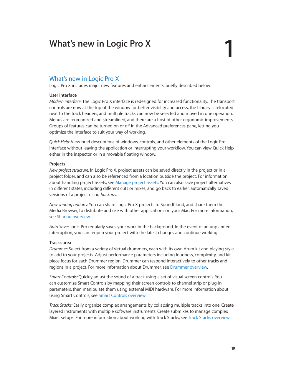 Chapter 1: what’s new in logic pro x, What’s new in logic pro x, 19 what’s new in logic pro x | Apple Logic Pro X User Manual | Page 19 / 919