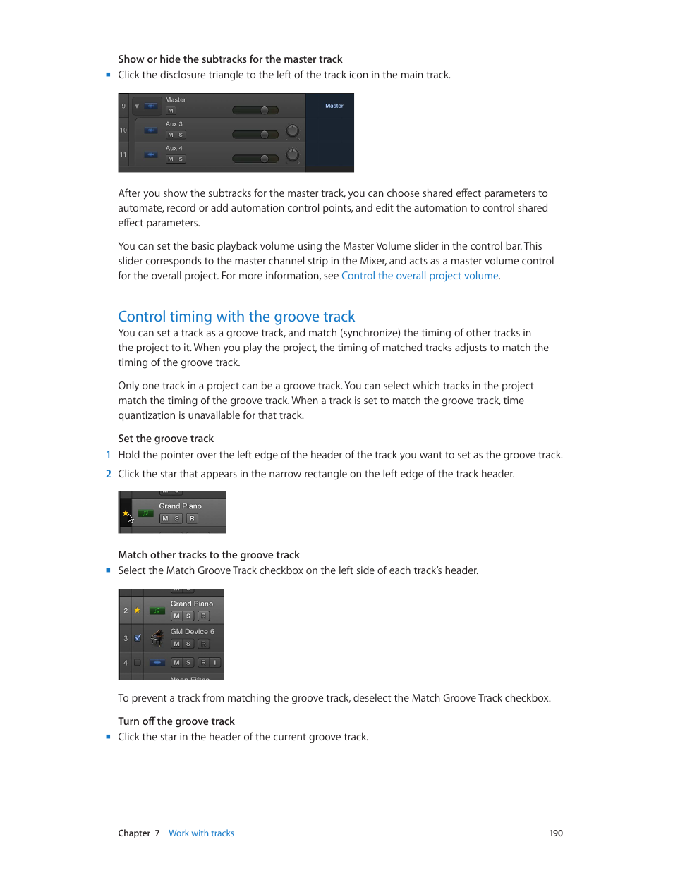 Control timing with the groove track, 190 control timing with the groove track, Control timing with the | Groove track | Apple Logic Pro X User Manual | Page 190 / 919