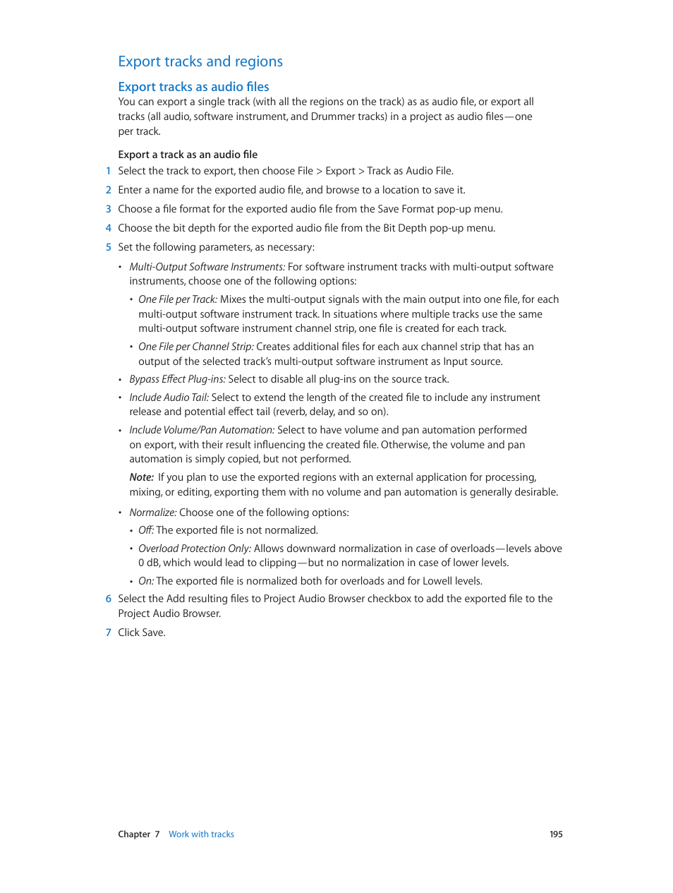 Export tracks and regions, Export tracks as audio files, 195 export tracks and regions 195 | Apple Logic Pro X User Manual | Page 195 / 919