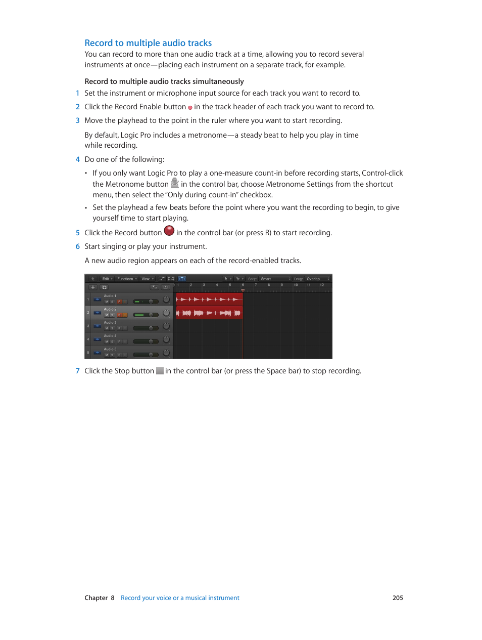 Record to multiple audio tracks | Apple Logic Pro X User Manual | Page 205 / 919