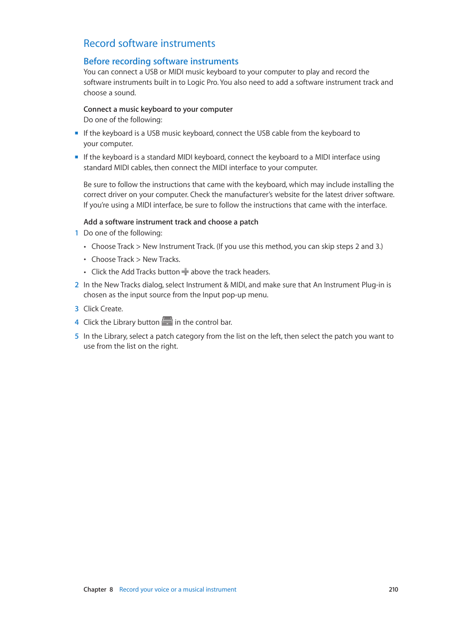 Record software instruments, Before recording software instruments, 210 record software instruments 210 | Apple Logic Pro X User Manual | Page 210 / 919