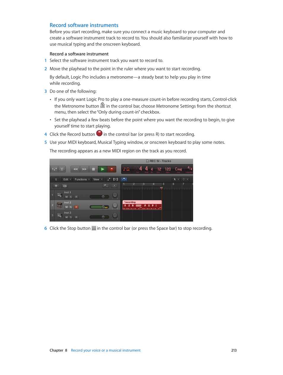 Record software instruments | Apple Logic Pro X User Manual | Page 213 / 919