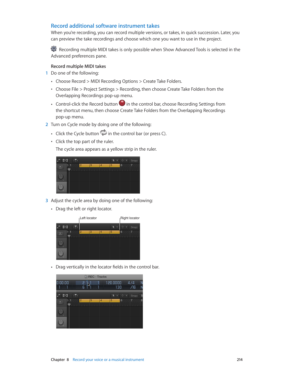 Record additional software instrument takes | Apple Logic Pro X User Manual | Page 214 / 919