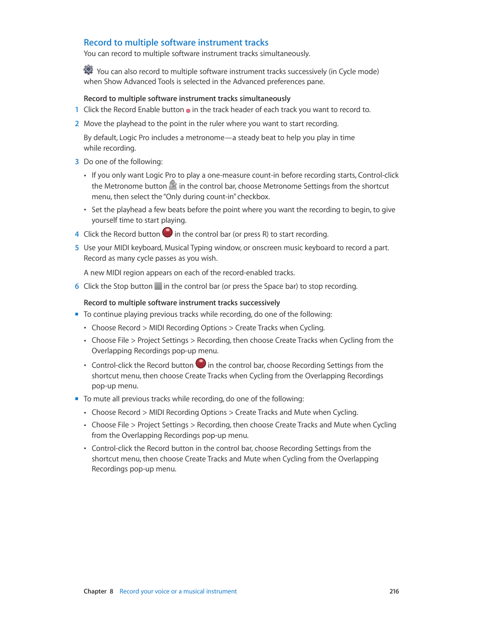 Record to multiple software instrument tracks | Apple Logic Pro X User Manual | Page 216 / 919