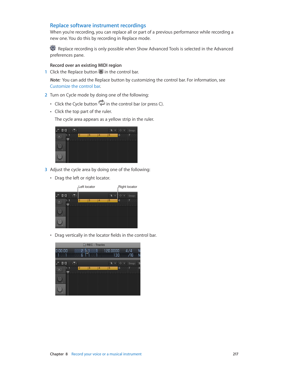 Replace software instrument recordings | Apple Logic Pro X User Manual | Page 217 / 919