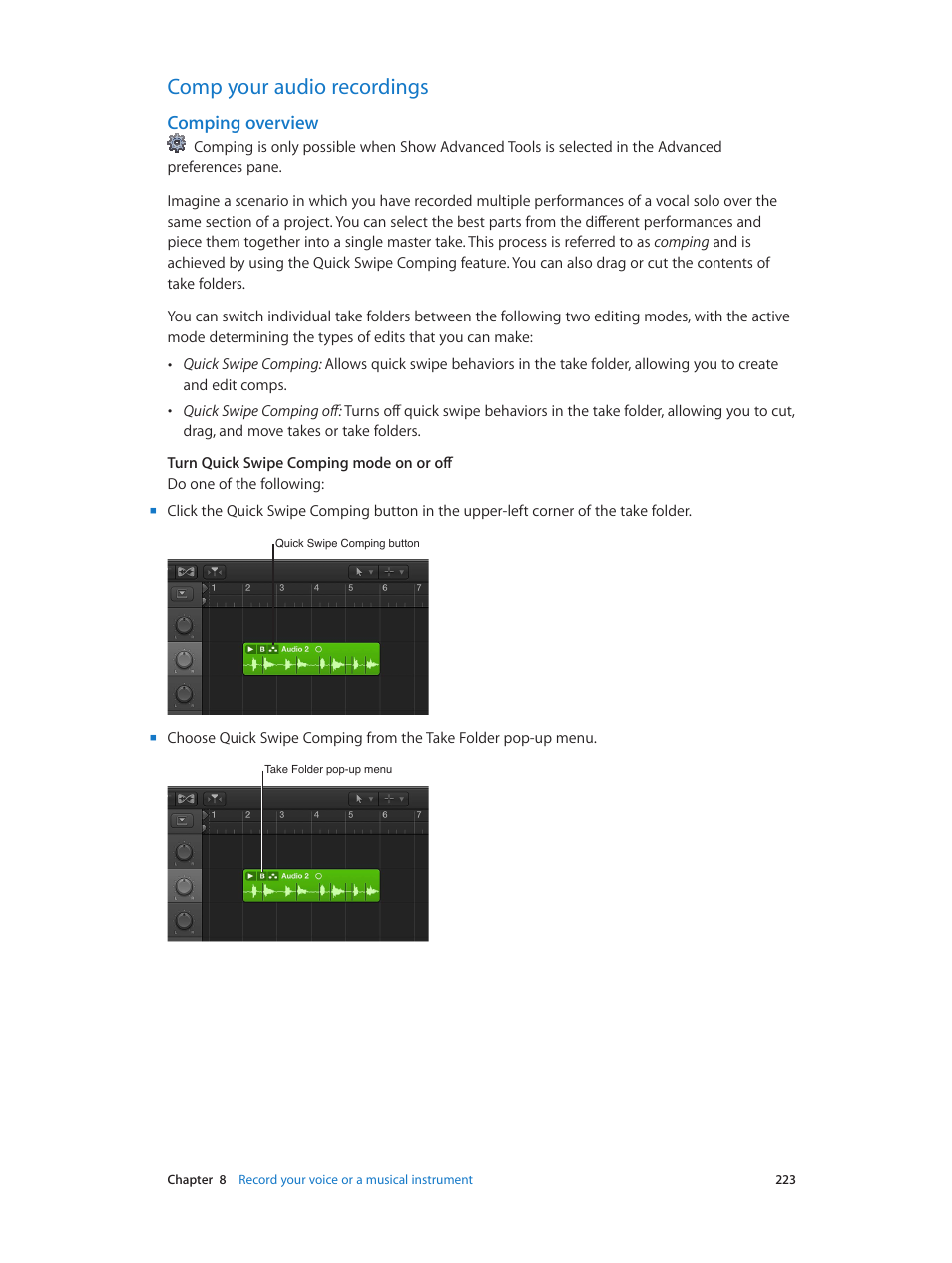 Comp your audio recordings, Comping overview, 223 comp your audio recordings 223 | Apple Logic Pro X User Manual | Page 223 / 919