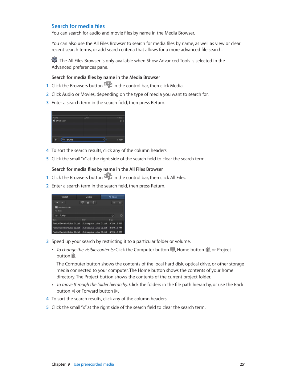 Search for media files | Apple Logic Pro X User Manual | Page 251 / 919