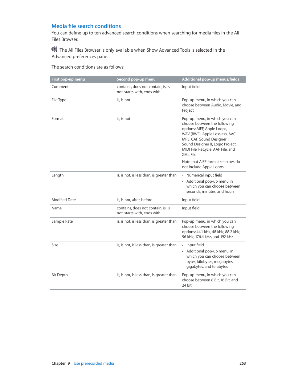 Media file search conditions | Apple Logic Pro X User Manual | Page 253 / 919