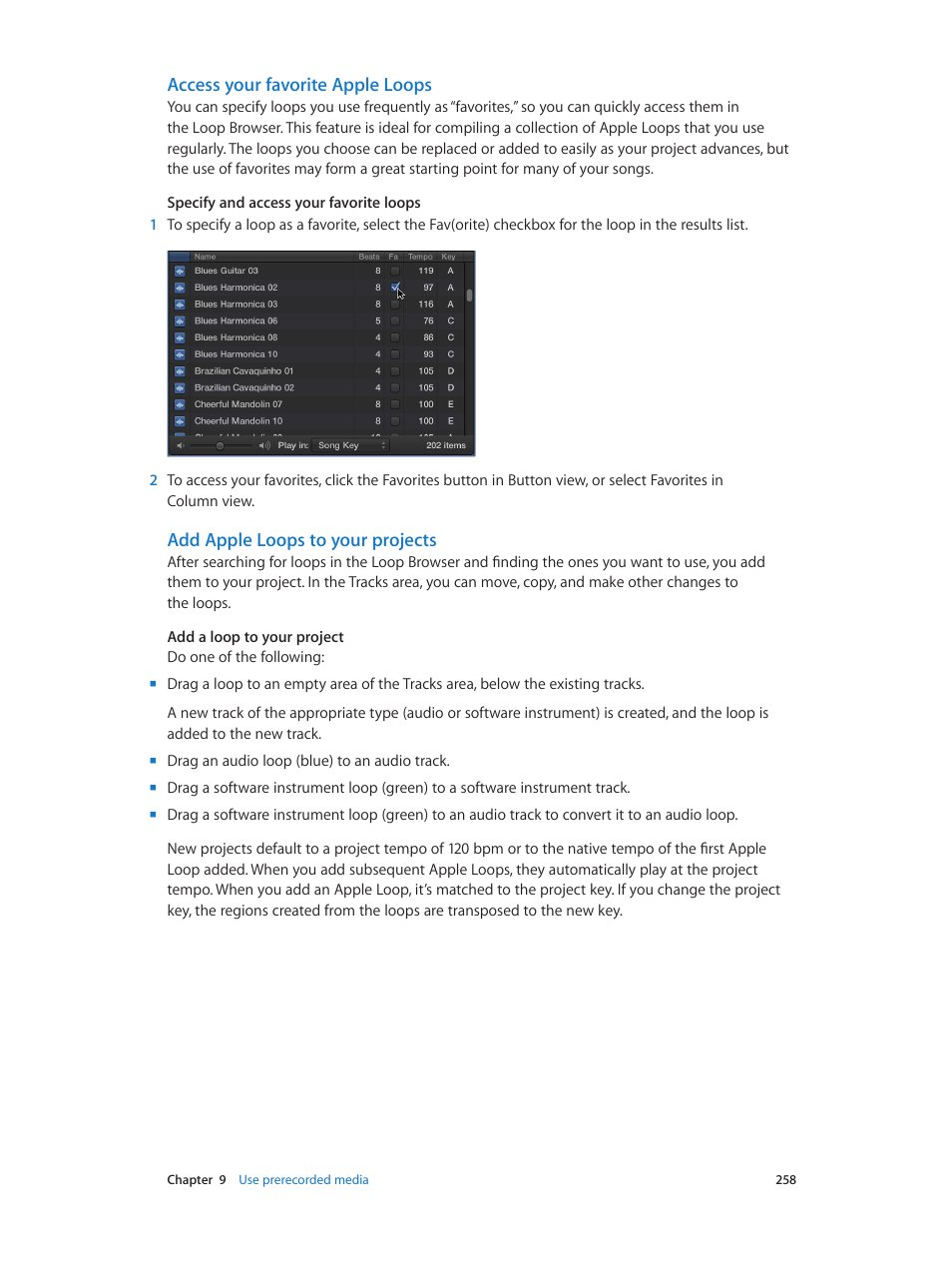 Access your favorite apple loops, Add apple loops to your projects | Apple Logic Pro X User Manual | Page 258 / 919