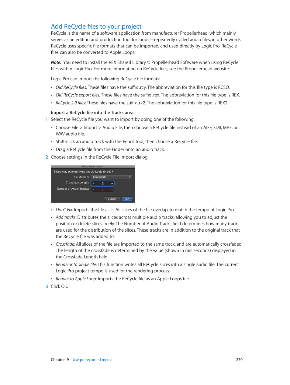 Add recycle files to your project, 270 add recycle files to your project | Apple Logic Pro X User Manual | Page 270 / 919