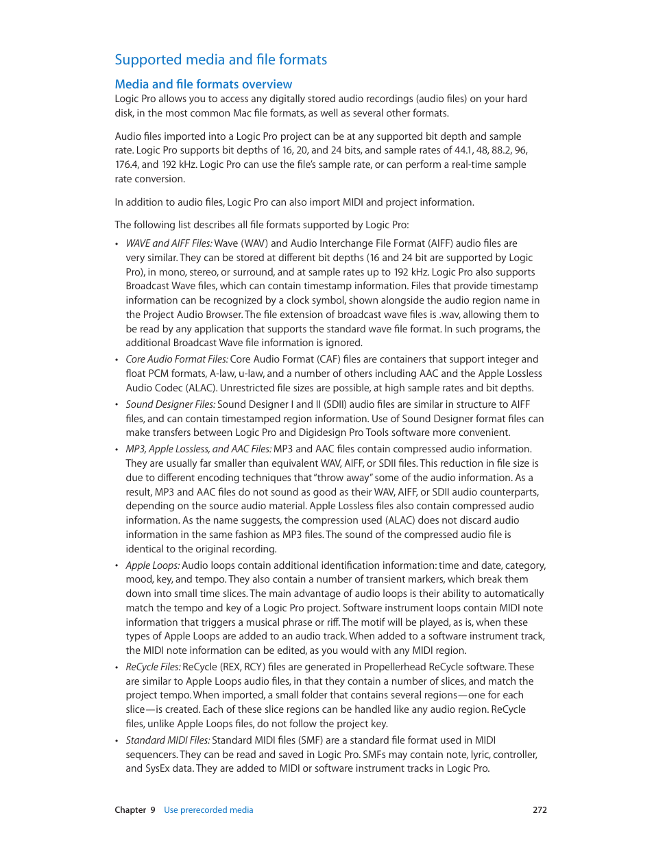 Supported media and file formats, Media and file formats overview, 272 supported media and file formats 272 | Apple Logic Pro X User Manual | Page 272 / 919