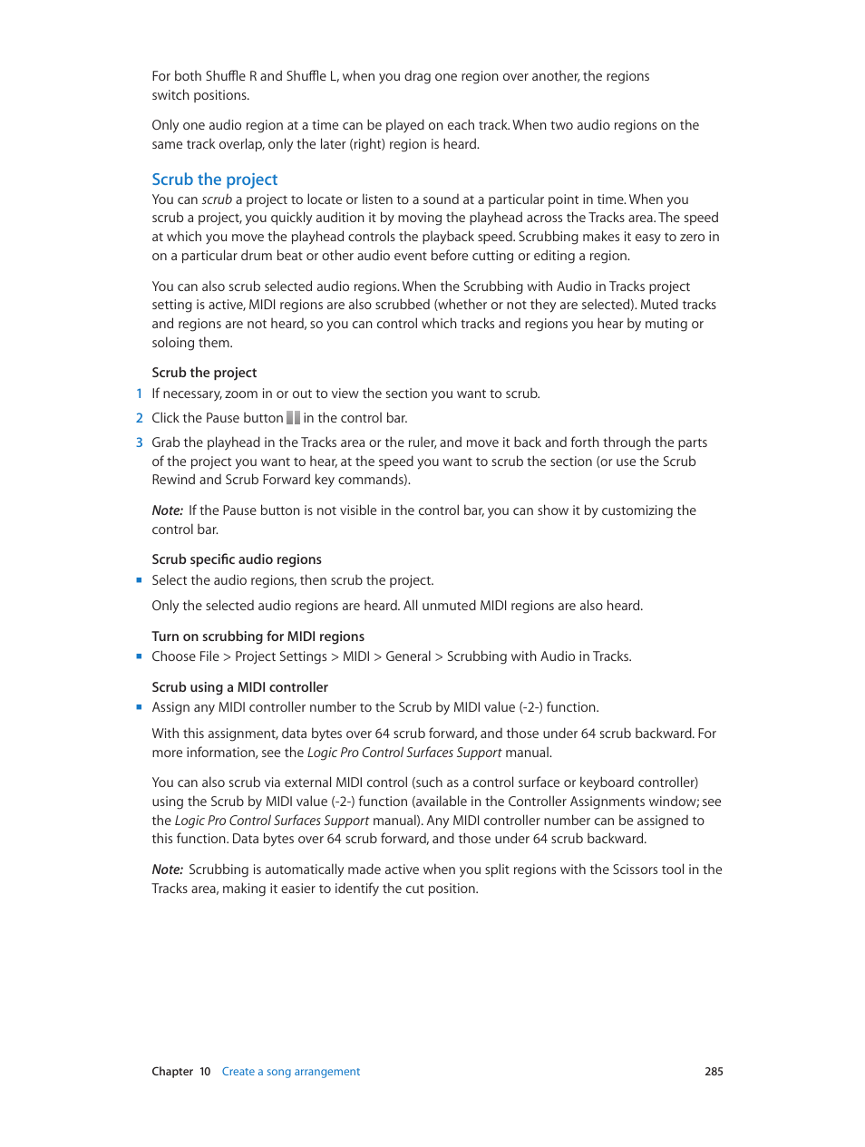 Scrub the project | Apple Logic Pro X User Manual | Page 285 / 919