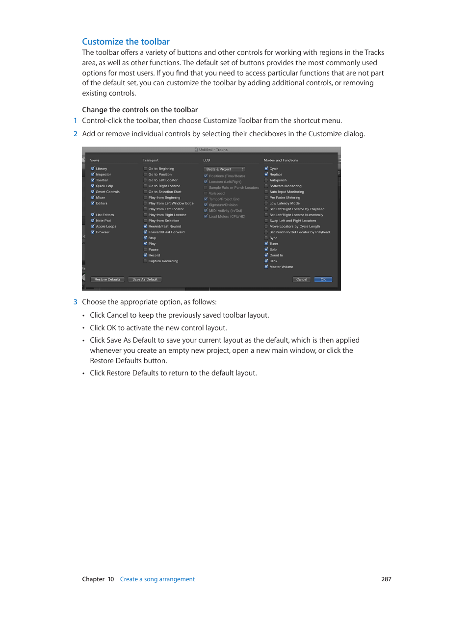 Customize the toolbar | Apple Logic Pro X User Manual | Page 287 / 919