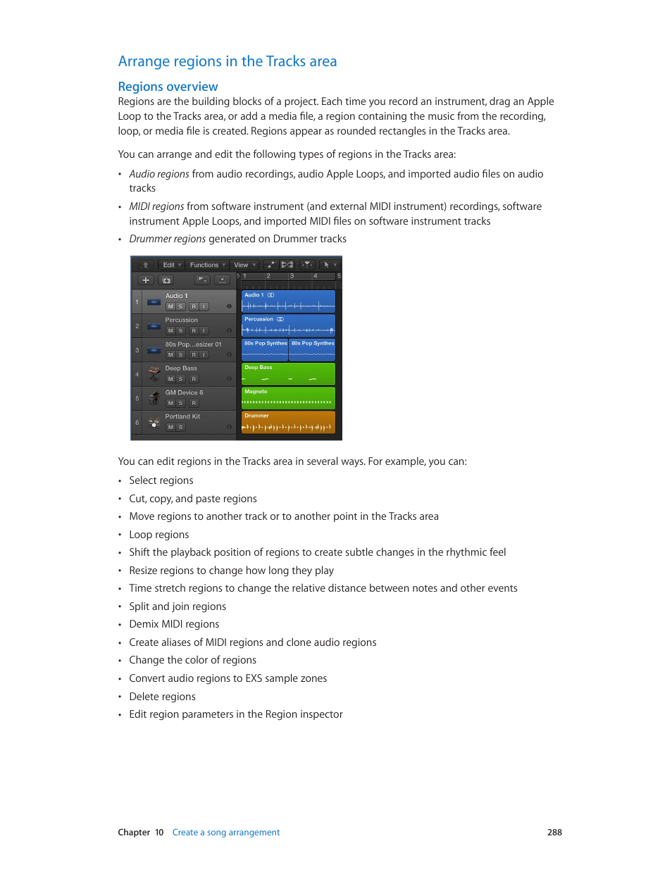 Arrange regions in the tracks area, Regions overview, 288 arrange regions in the tracks area 288 | Apple Logic Pro X User Manual | Page 288 / 919