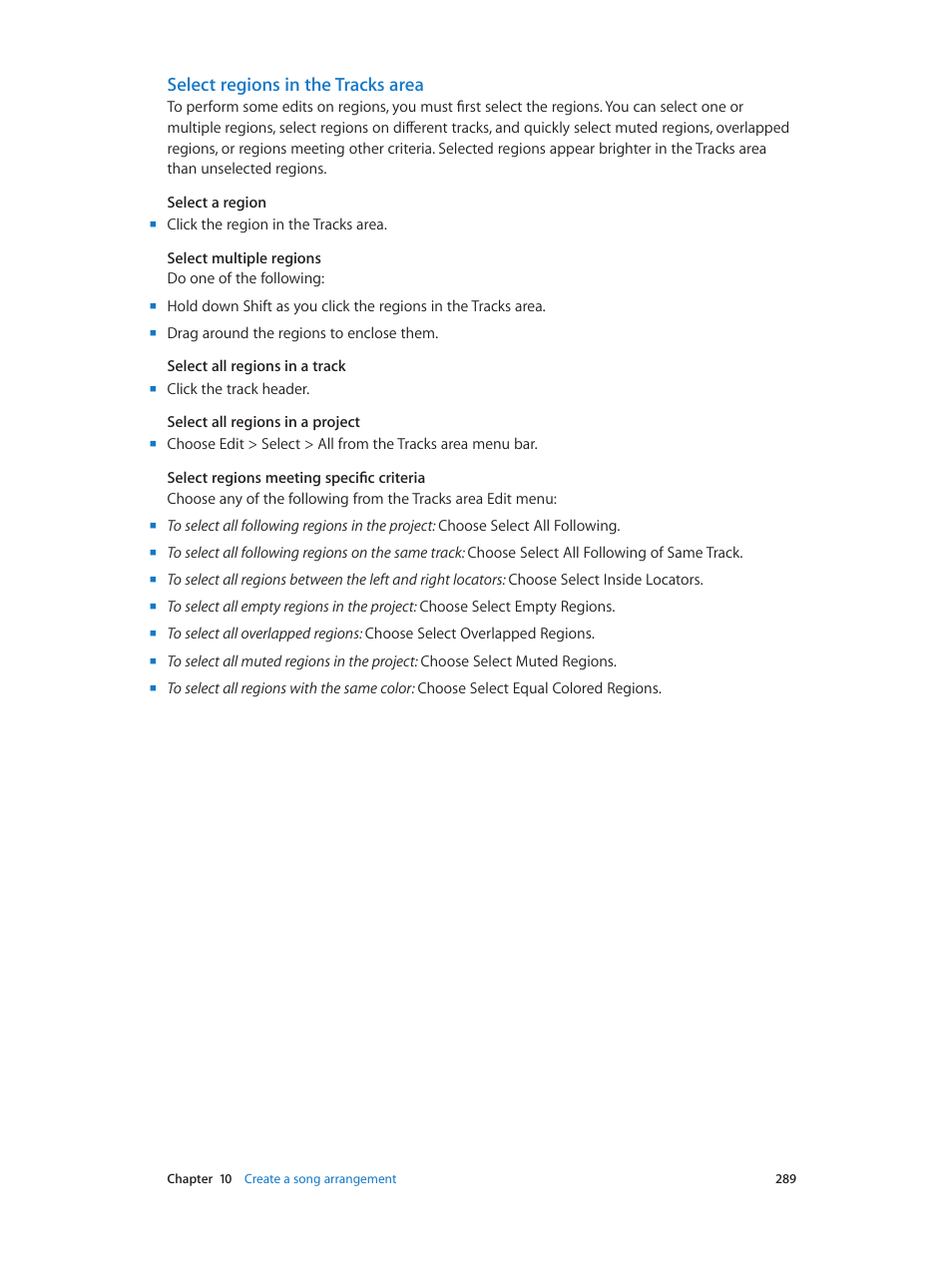 Select regions in the tracks area | Apple Logic Pro X User Manual | Page 289 / 919