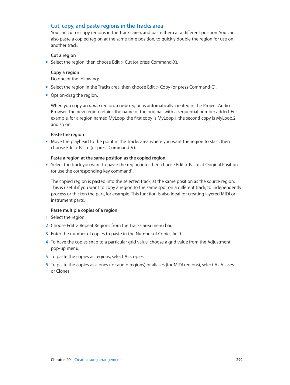 Cut, copy, and paste regions in the tracks area | Apple Logic Pro X User Manual | Page 292 / 919