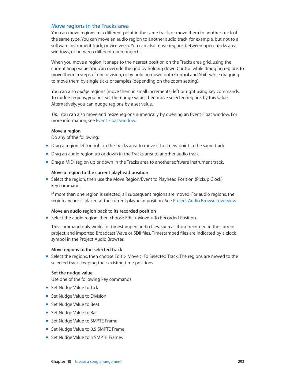 Move regions in the tracks area | Apple Logic Pro X User Manual | Page 293 / 919