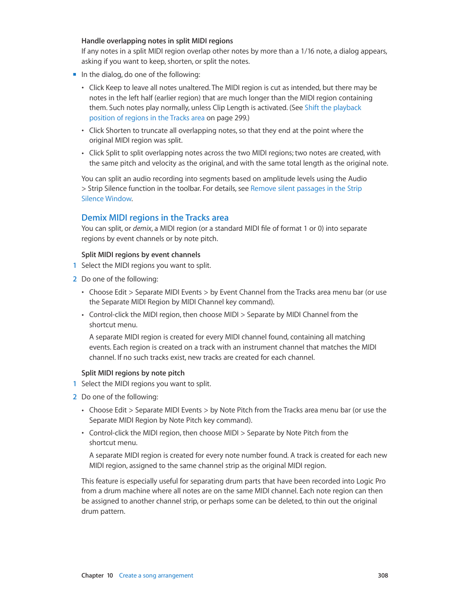 Demix midi regions in the tracks area | Apple Logic Pro X User Manual | Page 308 / 919