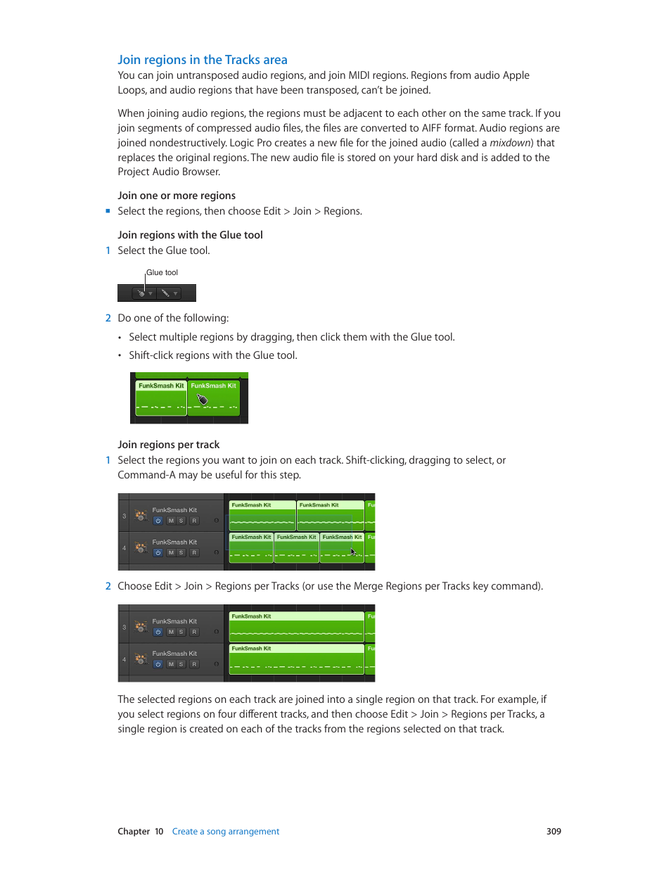 Join regions in the tracks area | Apple Logic Pro X User Manual | Page 309 / 919