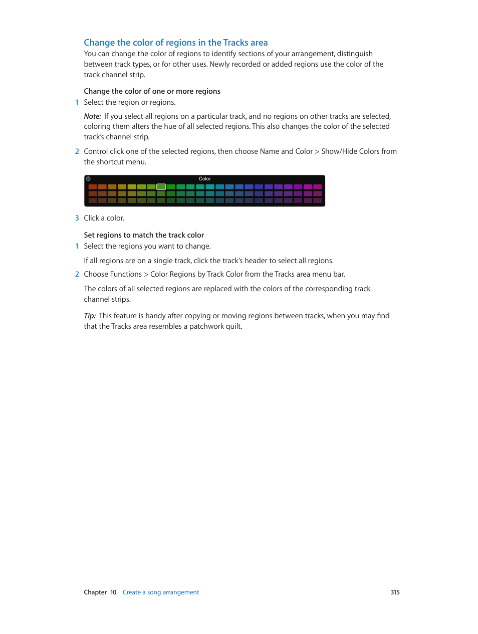 Change the color of regions in the tracks area | Apple Logic Pro X User Manual | Page 315 / 919